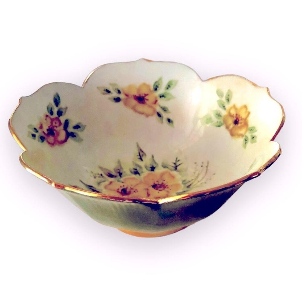[vintage] Artist Hand Painted Gilded Hibiscus Flower Ceramic Dish